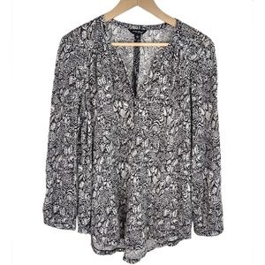 Lucky | Black and White Floral Peasant Blouse L